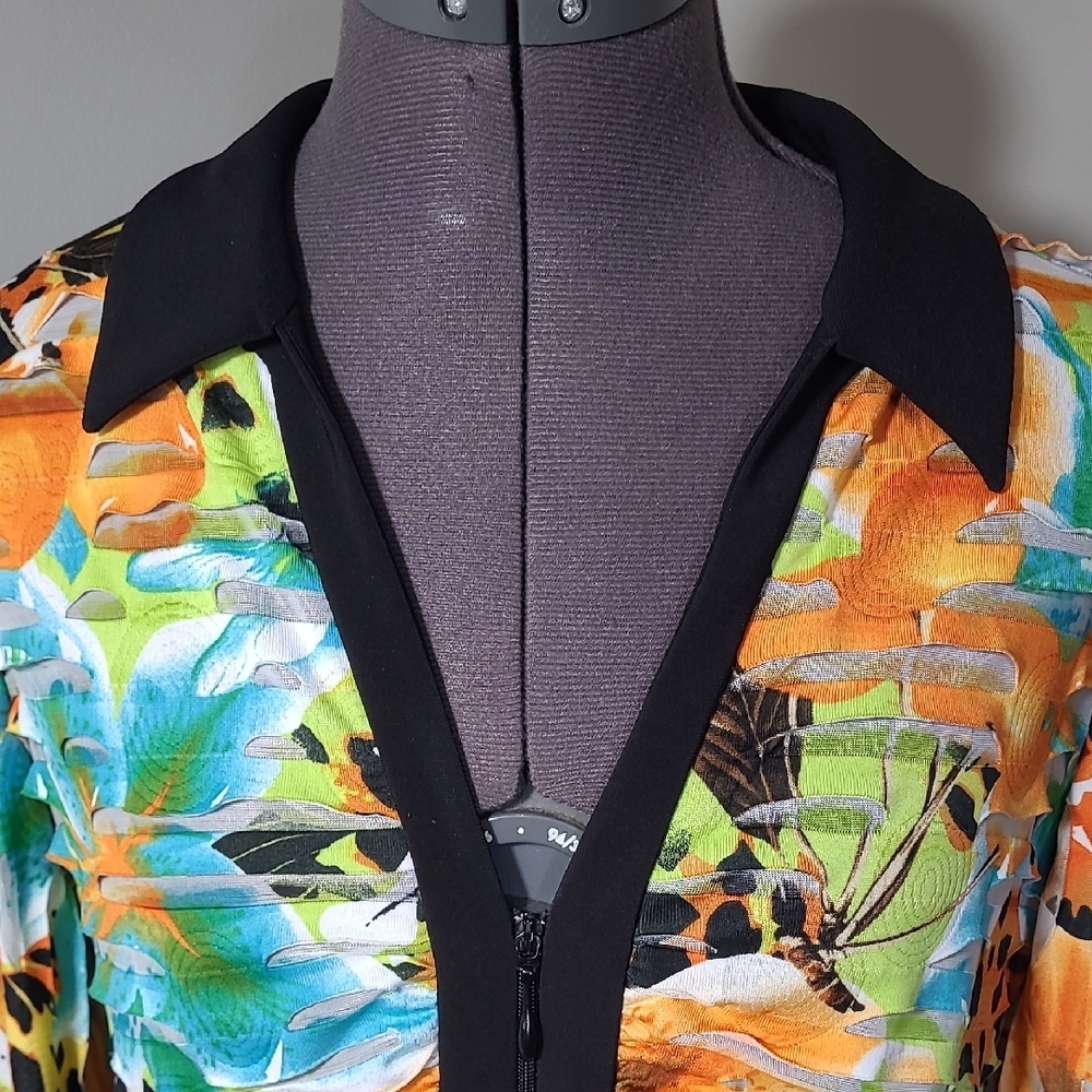 Joseph Ribkoff Vibrant Print Zipper Blouse Jacket Top Black Trim - Picture 4 of 9